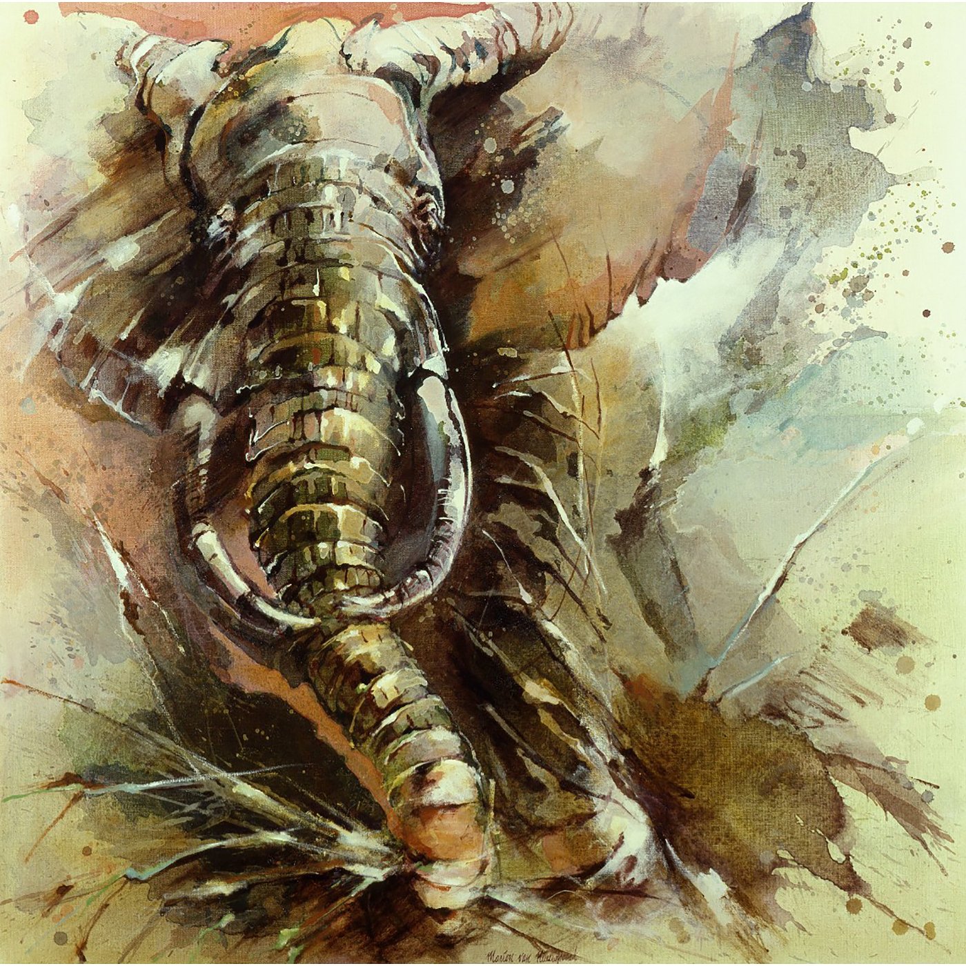 Charging Elephant (1), Oil painting, Art print