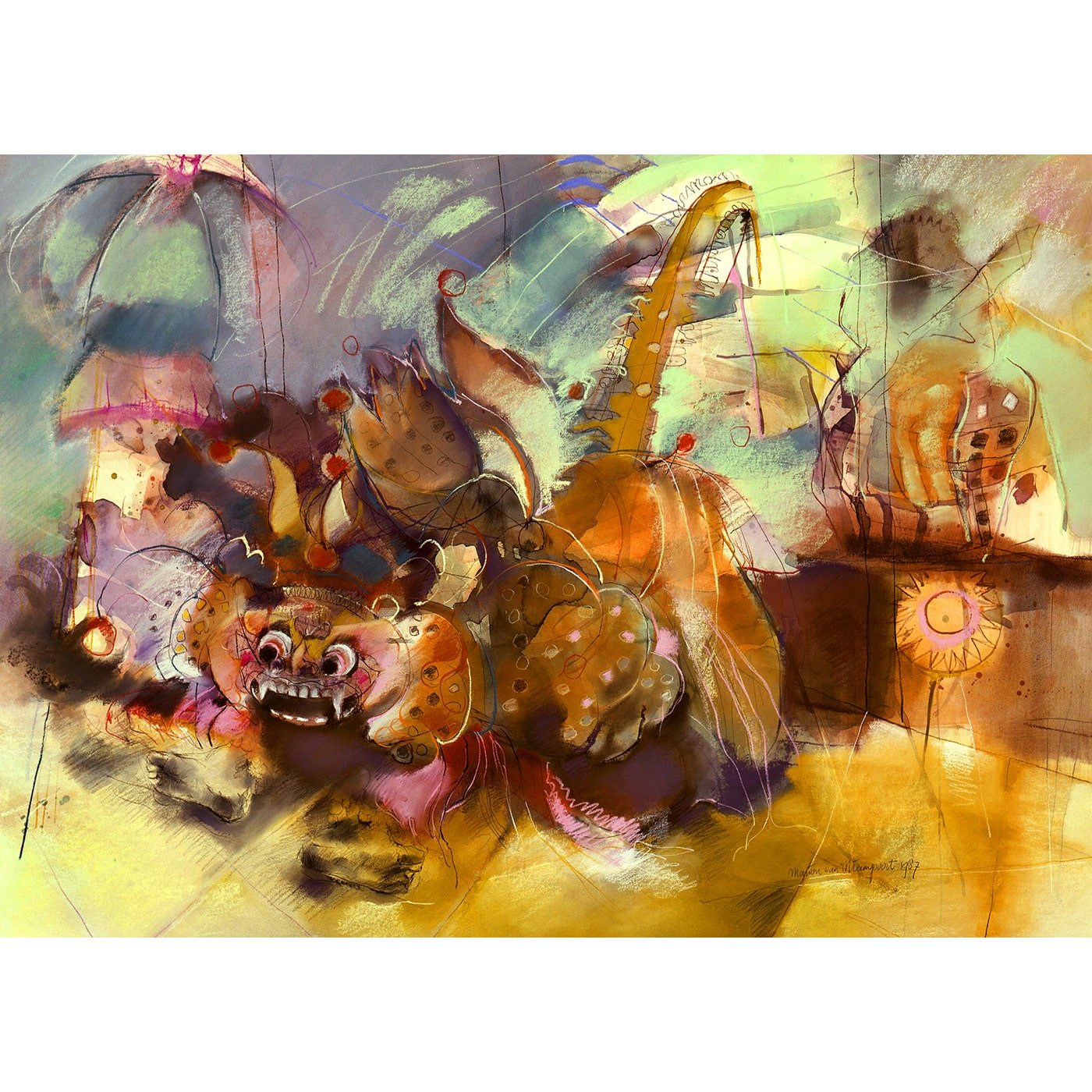 Barong Dance of Bali. Watercolour painting, Art print