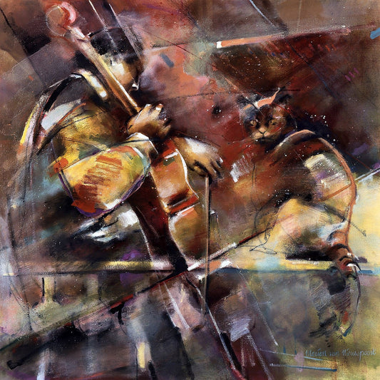 Cellist and cat in harmonious fusion. Oil painting, Art print