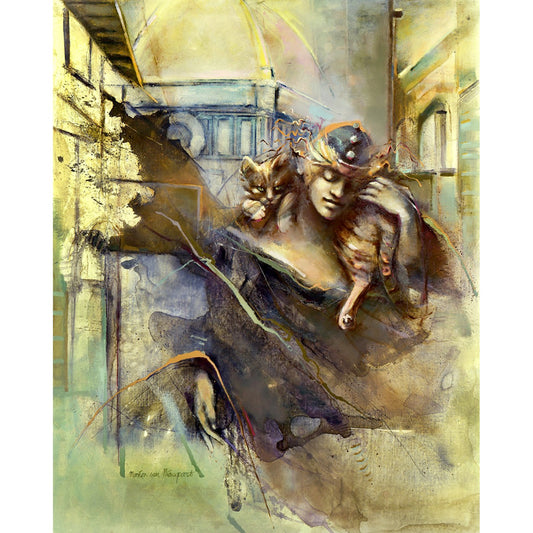 Duomo, the lady with the cat. Oil painting, Art print