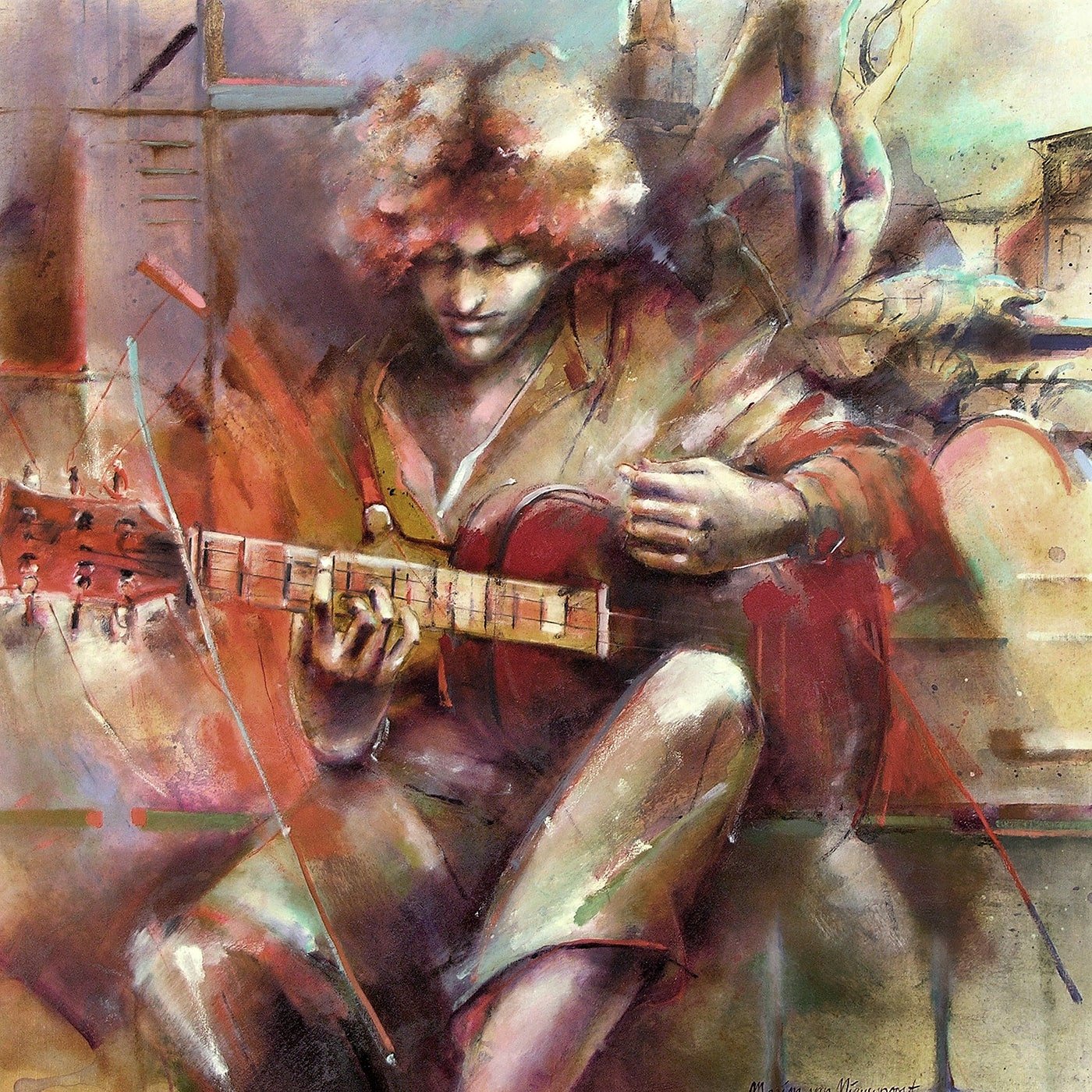 Art and Chords: A Romantic Serenade in Italy. Oil painting, Art print